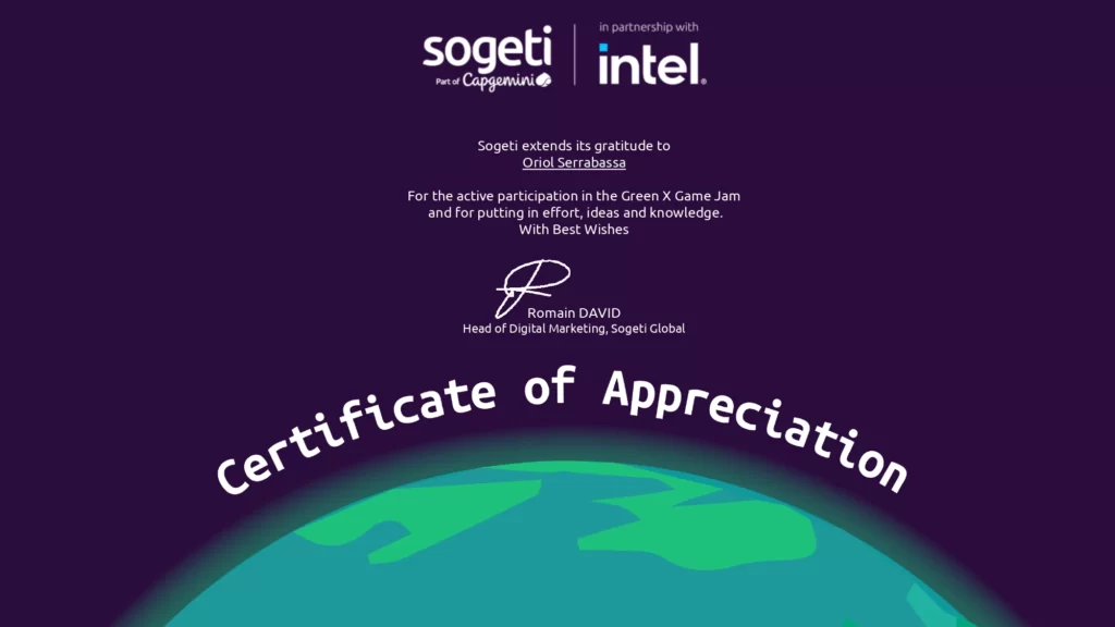 Sogeti Green x Game Jam certificate