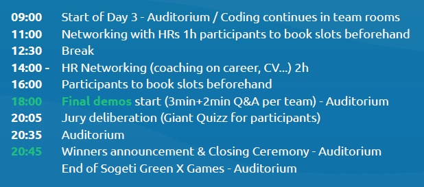 Sogeti Green x Game Jam day 3 schedule